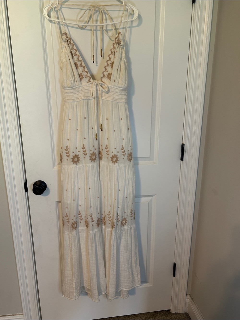 Free People Cream Halter Maxi Dress with Tan Embroidery